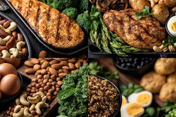 Fototapeta premium Collage of healthy protein-rich foods including grilled salmon, chicken breast, nuts, eggs, and vegetables for a balanced diet.