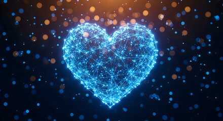 Obraz premium Glowing blue heart shape with sparkling light particles on dark background 