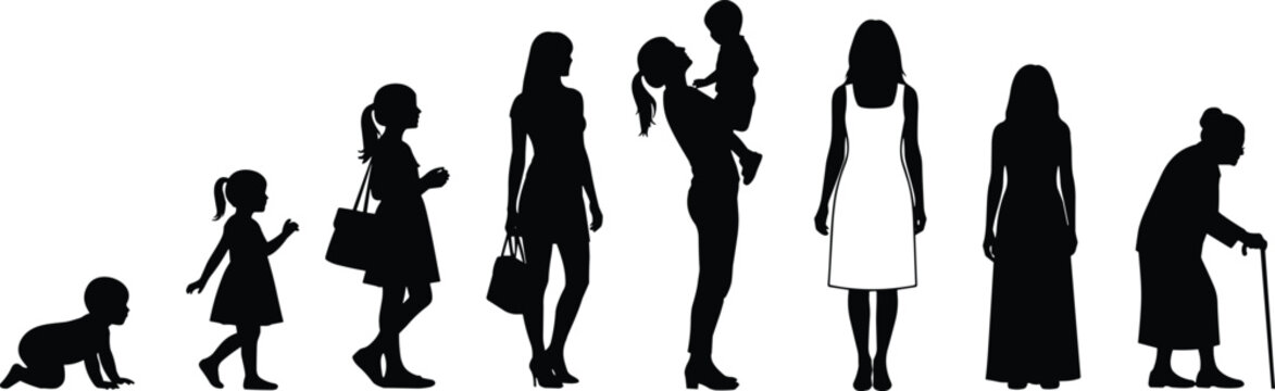 Silhouette sequence of female life stages from infancy to old age, black vector illustration representing growth, motherhood, and aging for educational and social concept design