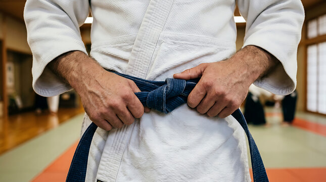 Martial Arts Practitioner Tying Belt Before Training Session with Focus and Discipline