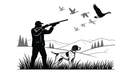 Hunter aiming shotgun at flying wild geese with a loyal hunting dog in nature landscape © VectroGraphy