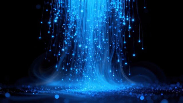 Blue light particles and streaks on dark background