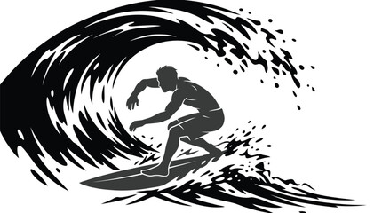 Fototapeta premium Surfer riding a large ocean wave in a black and white stylized vector illustration design