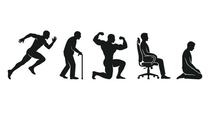 Obraz premium Human silhouettes showing different life stages and physical conditions in a simple black vector graphic style