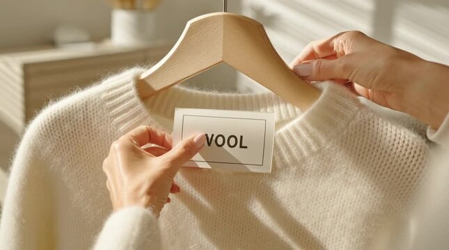 A person holds a clothing label reading 'Wool' on a cream-colored sweater. The setting is bright and minimalistic, emphasizing the fabric's texture.
