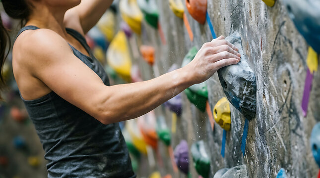 Rock Climber Reaching for Next Hold on Indoor Climbing Wall During Training Session