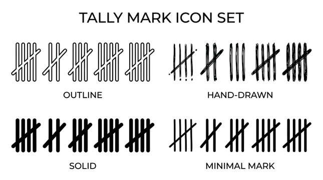 Diverse tally mark icon set featuring outline, hand drawn, solid, and minimal styles