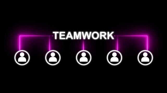 Glowing Neon Business network connection collaboration animation. neon teamwork icon. 4k motion graphics Human icon IoT technology connect global world map. dots makes world map, internet of things.