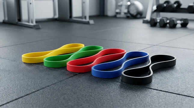 Colorful Resistance Bands Arranged on Gym Floor for Strength Training and Rehabilitation