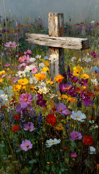 Wooden cross is standing in a field of flowers. The sun is shining brightly on the cross, creating a warm and peaceful atmosphere