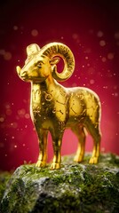 Fototapeta premium Golden ram figurine standing on moss-covered stone against magenta background with bokeh lights, symbolizing wealth, prosperity, and success for business and financial concepts.