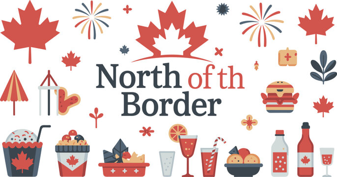 Canada day celebration graphic with maple leaves fireworks and traditional food illustrations