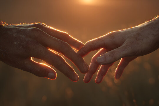 Two hands reaching, connection at sunset