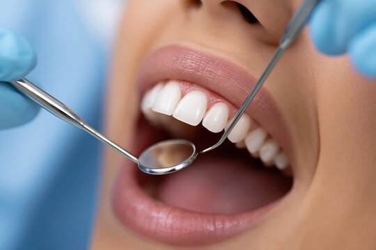 Close-up of a patient's open mouth during a dental examination with a mirror and probe.