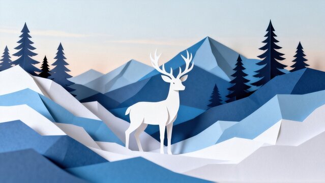Paper art of deer in mountain landscape