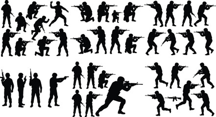 Military soldiers silhouettes set featuring army infantrymen shooting rifles throwing grenade aiming handguns and running isolated on white background © MDMizanur