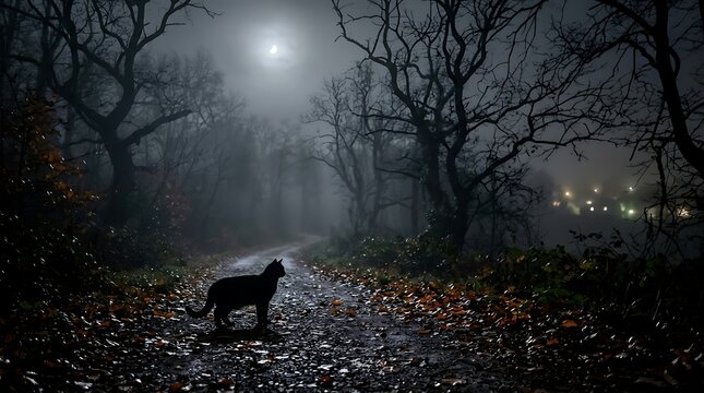 A mysterious black cat standing on a misty forest path under a full moon