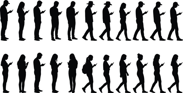 People using smartphone silhouettes set featuring men and women standing walking looking at mobile phones and texting isolated on white background