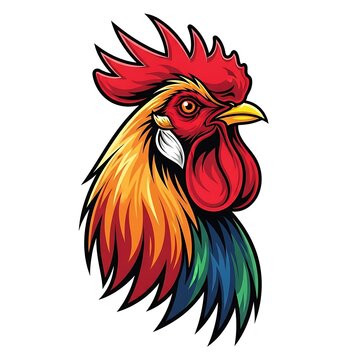 Colorful rooster with vibrant red comb and wattles.