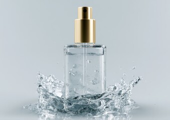 Naklejka premium Luxury skincare serum bottle, transparent gel splash, premium cosmetic branding
