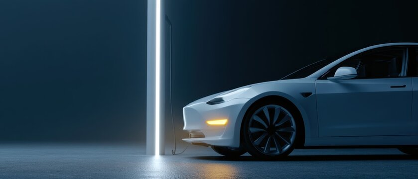 Electric vehicle charging station at night, futuristic mobility concept