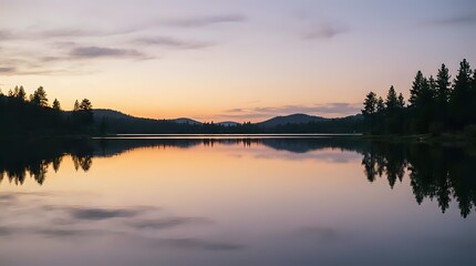 Obraz premium Serene lake at sunrise with forested mountains reflected in calm water, golden light illuminating sky and landscape for nature and travel backgrounds.