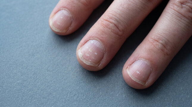 Close-up of human fingers with visible nail discoloration and texture on a muted background
