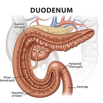 Detailed anatomical diagram of the human duodenum parts.