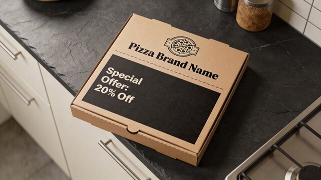 Craft cardboard pizza box mockup with branding design, delivery packaging presentation template