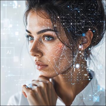 VOLTO FEMMINILE CON OVERLAY DIGITALE DI DATI E GRAFICI, BIO-TECNOLOGIA E RICONOSCIMENTO FACCIALE