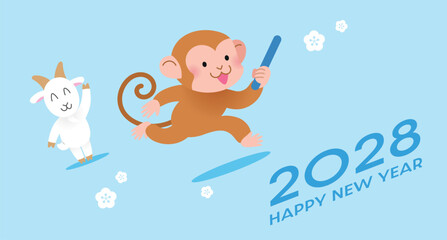 Happy New Year of the Monkey 2028 banner vector illustration. Zodiac monkey and zodiac goat in a relay race. © Alix