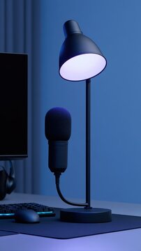 An influencer streaming desk illuminated by RGB lights, microphones and futuristic creator setup styling