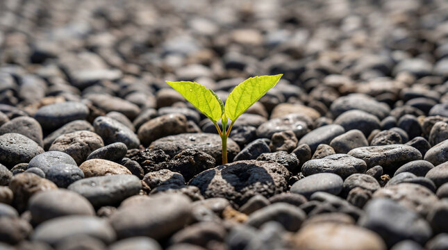 Green sprout growing through stone surface. Small plant emerging from hard ground as symbol of life and resilience. Nature overcoming obstacles, environmental hope and growth concept.