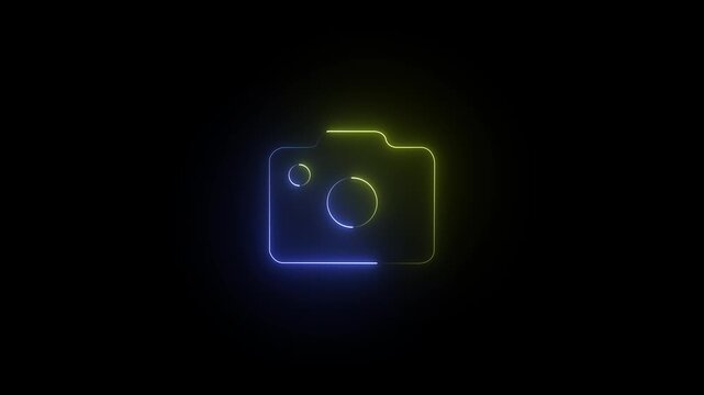 Glowing neon cinema camera icon on black background . video camera, movie sign ,film projector . 4k animation video,,,,