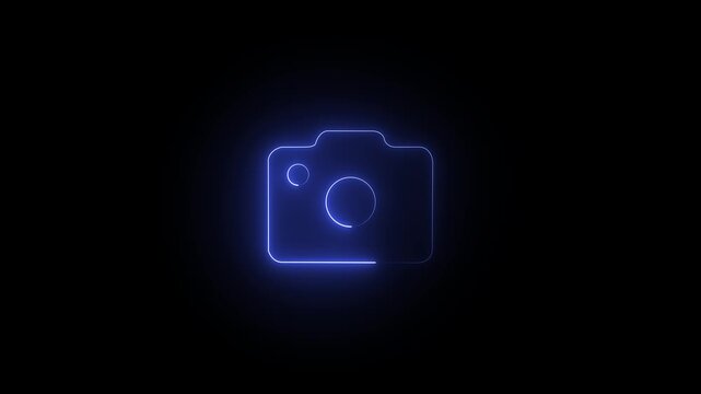 glowing neon camera icon , recording, and film themes. Social media video camera icon for app on black background,,,