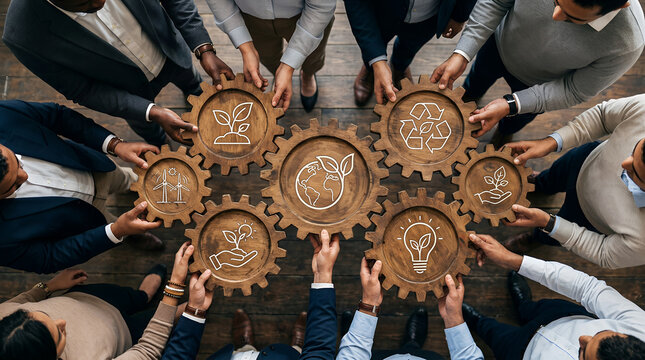 Diverse team of man and woman colleagues holding wooden cogwheels with green ecology symbols. Business collaboration for environmental sustainability and corporate social responsibility project.