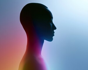 Obraz premium Human silhouette with colorful emotional aura, mental wellness campaign aesthetic, soft gradient background