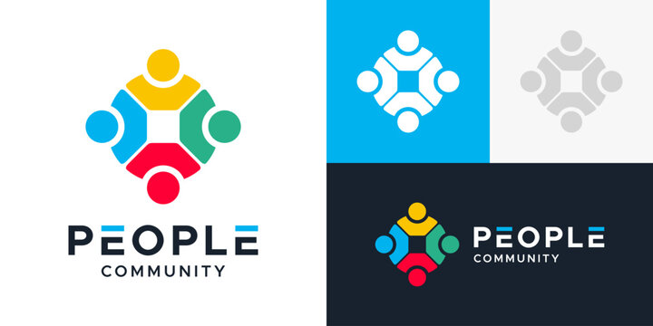 Community logo design with four abstract people figures in a circular motion representing unity and connection