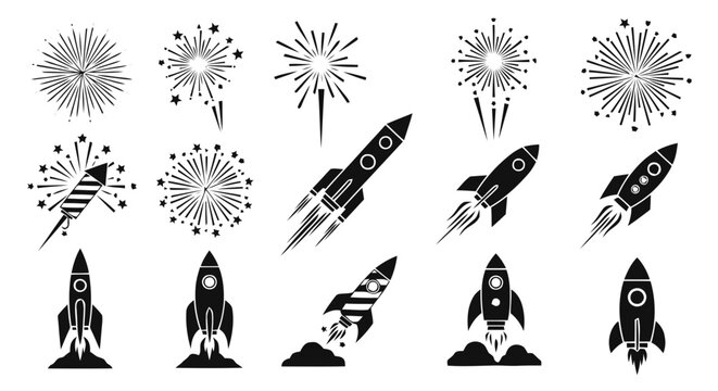 Vector illustration of set of fireworks and space rockets icons on a transparent background