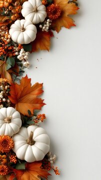 Vertical isolated top border design, a garland of autumn leaves, miniature white pumpkins, and berries on a pure white background