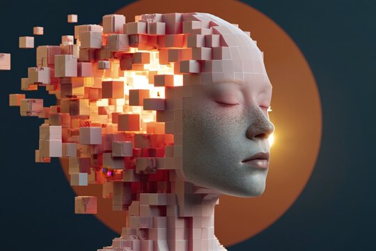 Female head fragmenting into cubes against orange disk background