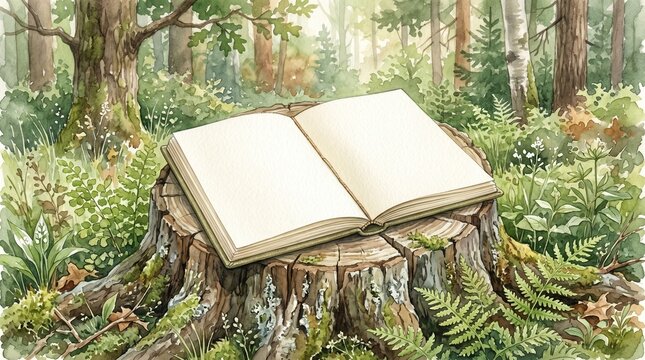 Open Book on Tree Stump in Forest &ndash; Nature Story Background