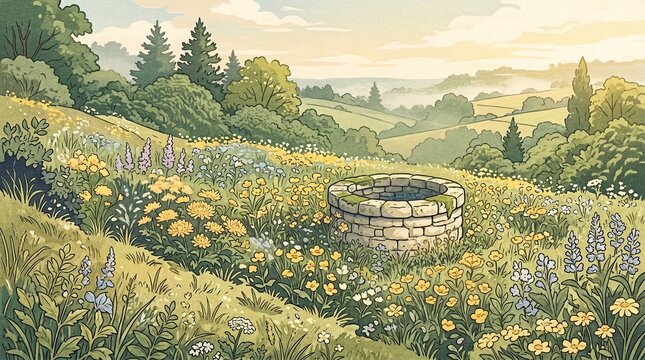 Stone Well in a Lush Meadow &ndash; Idyllic Countryside Landscape
