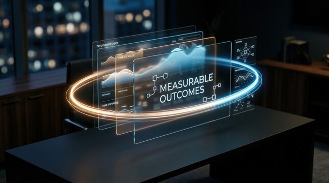 Futuristic holographic interface displaying financial charts and data with measurable outcomes