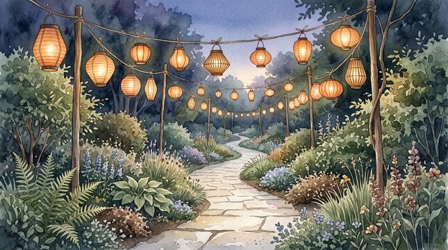 Garden Path with Lanterns at Dusk &ndash; Enchanting Ambiance