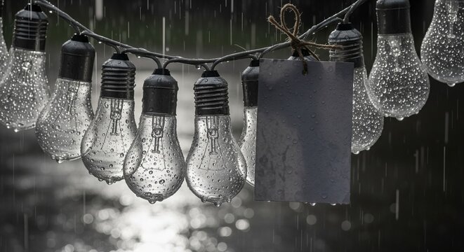 A string of clear glass light bulbs covered in raindrops hanging outside in heavy rain, with a blank grey paper card attached to the wire.