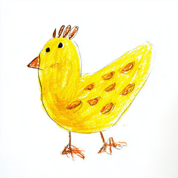 Bunte Kinderzeichnung eines gelben K&uuml;kens. Fr&ouml;hliche Illustration f&uuml;r Kindergarten, Schule, Kreativit&auml;t, Ostern, Kinderkunst und fr&uuml;he Bildung.