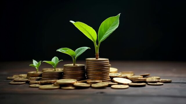 Green plants grow from stacks of coins, illustrating the concept of financial growth and sustainability in a dark setting with wooden surface and scattered coins