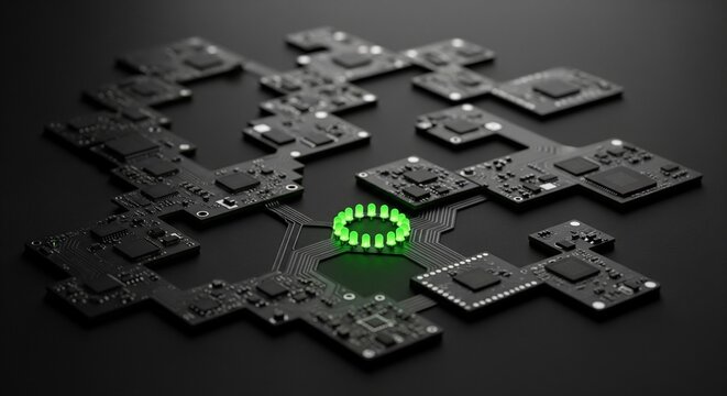 Dark black computer microchips and circuit boards connected together in a sprawling layout, featuring a glowing green circle of small lights in the center