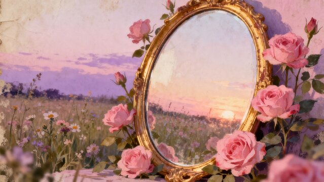 Vintage mirror with roses in a field